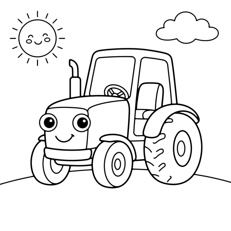Na obrazku znajduje się uśmiechnięty traktor z dużymi oczami, który stoi na zielonej polanie pod uśmiechniętym słoneczkiem i chmurką.