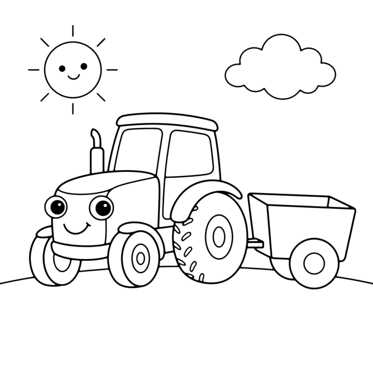 Na obrazku znajduje się uśmiechnięty traktor z przyczepą, który stoi na zielonej polanie pod świecącym słoneczkiem i chmurką.