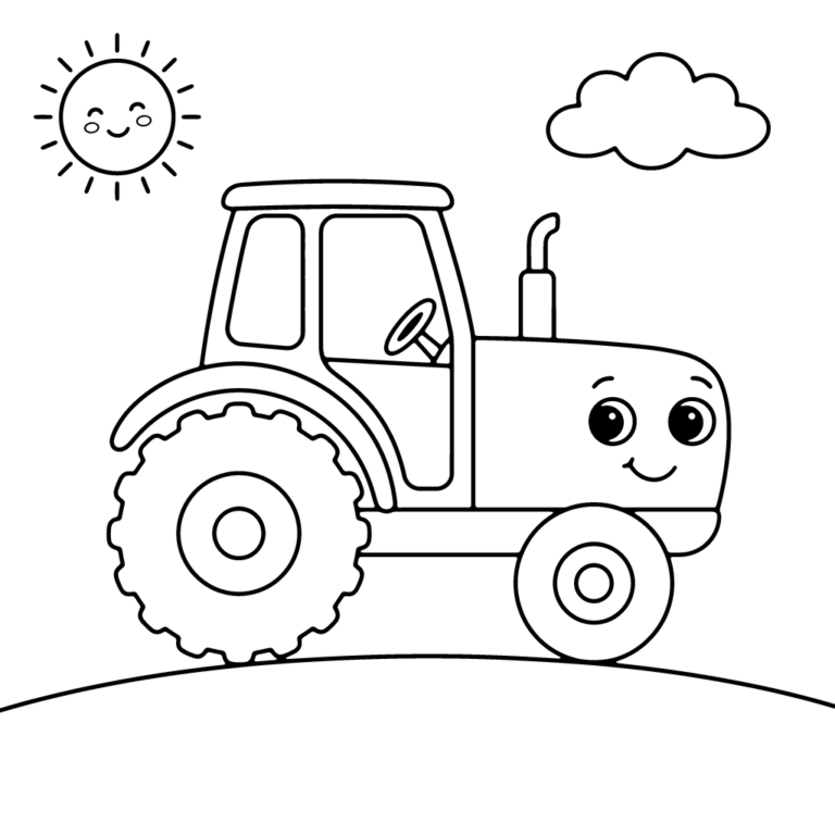 Na obrazku znajduje się duży, przyjazny traktor widziany z profilu, z uśmiechniętą buźką na masce, stojący na pagórku pod słoneczkiem i chmurką.