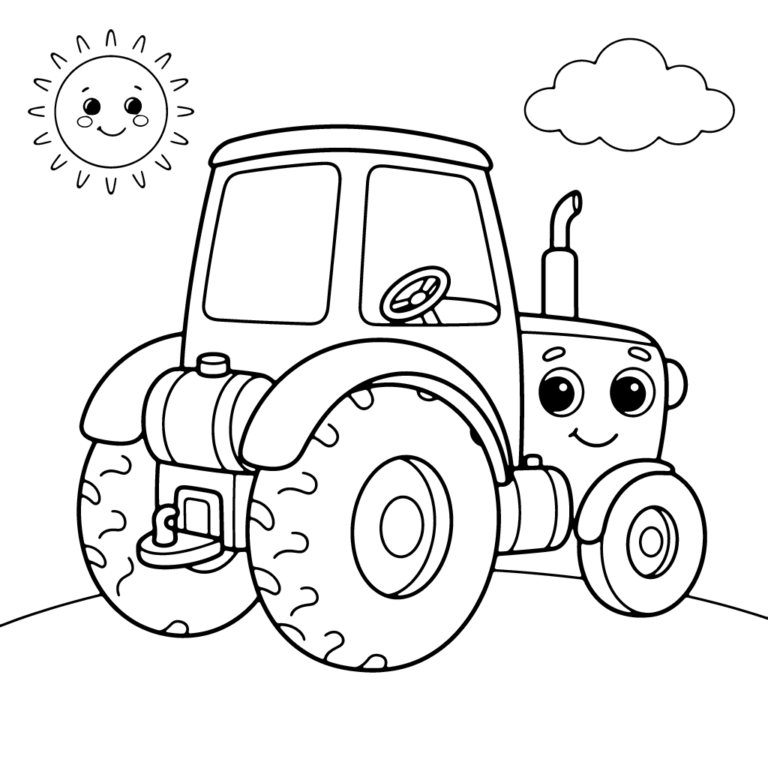 Na obrazku znajduje się duży, przyjazny traktor widziany od tyłu, z uśmiechniętą buźką na błotniku, stojący na pagórku pod słoneczkiem i chmurką.