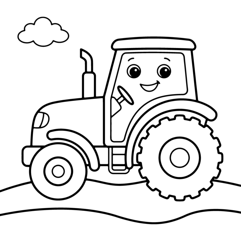 Na obrazku znajduje się duży, uśmiechnięty traktor widziany z profilu, który jedzie po prostej drodze pod samotną chmurką.