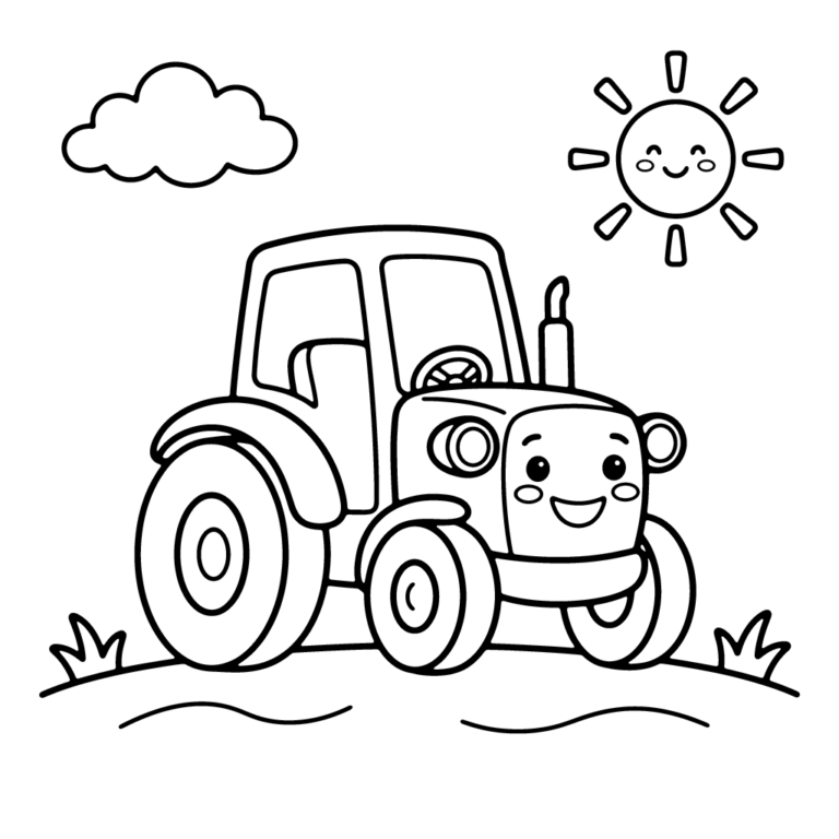 Na obrazku znajduje się duży, uśmiechnięty traktor na tle prostej linii trawy z małym słoneczkiem w rogu.