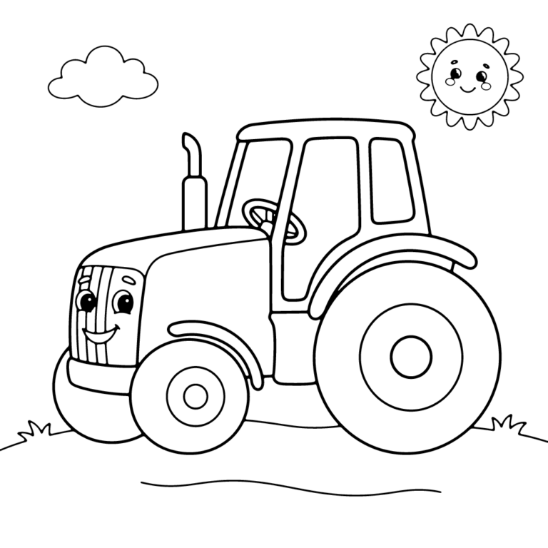 Na obrazku znajduje się duży, przyjazny traktor z uśmiechniętą buzią, zaparkowany na polnej trawie pod słońcem i chmurką.