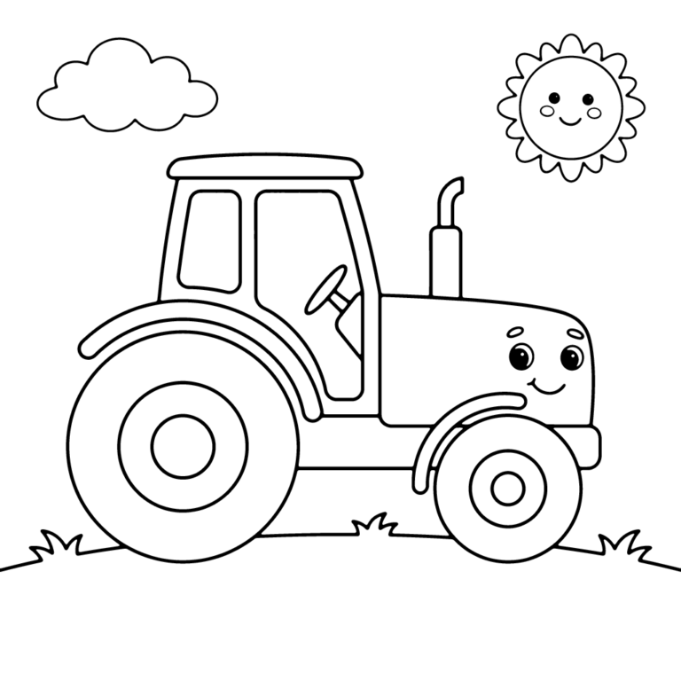 Na obrazku znajduje się duży, uśmiechnięty traktor w profilu, poruszający się po prostej ścieżce wśród trawy, z chmurką i słońcem na niebie.