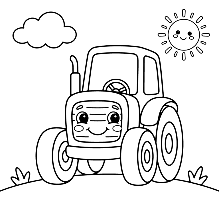 Na obrazku znajduje się duży, uśmiechnięty traktor patrzący wprost, stojący na prostej ścieżce pod słońcem i chmurką.