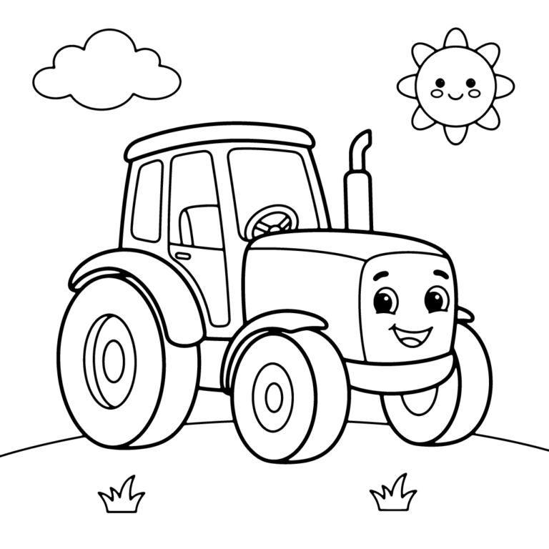 Na obrazku znajduje się duży, uśmiechnięty traktor w widoku trzy czwarte, stojący na prostej polnej ścieżce pod wesołym słońcem i chmurką.