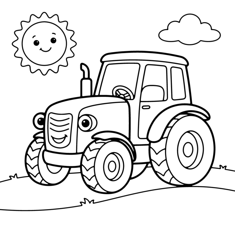 Na obrazku znajduje się duży, wesoły traktor z uśmiechniętą twarzą, stojący na łące pod uśmiechniętym słoneczkiem i chmurką.