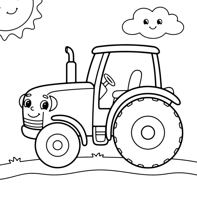 Na obrazku znajduje się przyjazny traktor z uśmiechem na masce, stojący na trawie pod uśmiechniętą chmurką i słońcem.