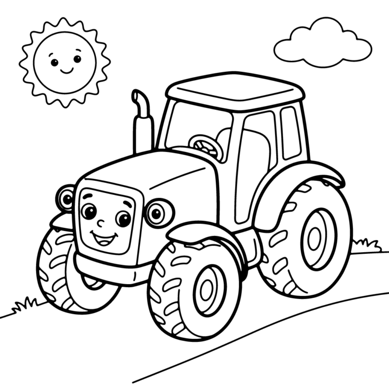 Na obrazku przedstawiony jest wesoły, uśmiechnięty traktor widziany z góry i od przodu, stojący na łące pod słoneczkiem i chmurką.