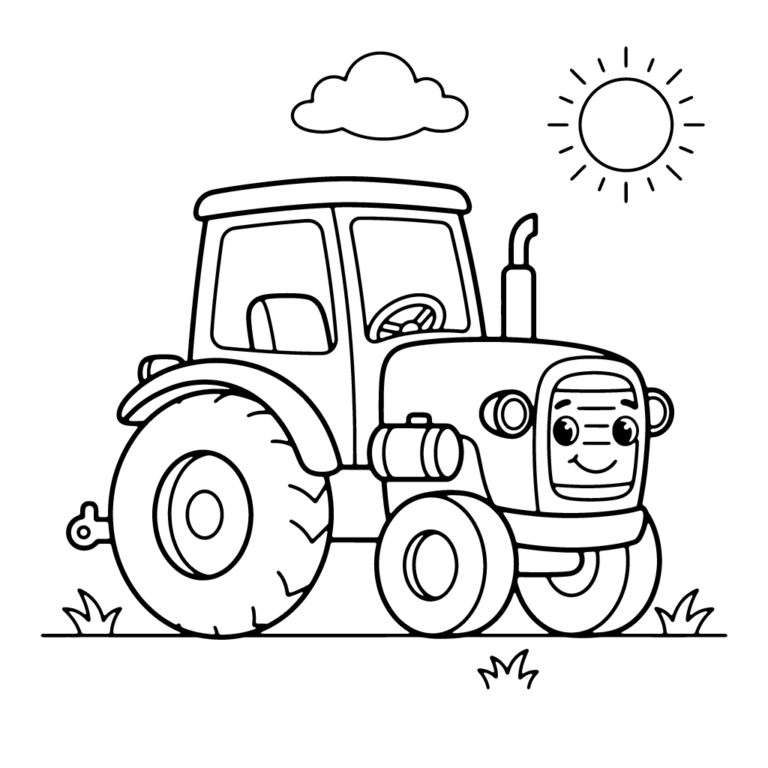 Na obrazku znajduje się uśmiechnięty traktor z dużymi kołami, stojący na łące w pogodny dzień pod chmurką i słońcem.