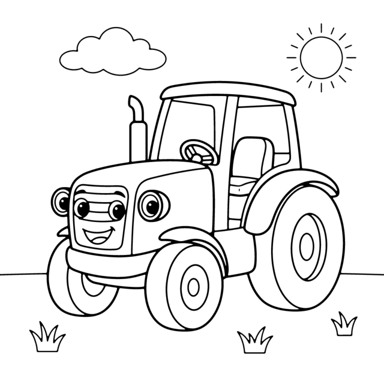 Na obrazku znajduje się duży, uśmiechnięty traktor z kabiną, stojący na łące pod chmurką i słońcem.