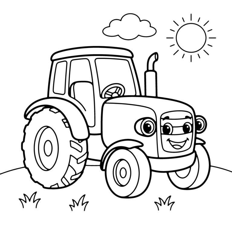 Na obrazku znajduje się przyjazny, uśmiechnięty traktor z kabiną i dużymi kołami, stojący na łące pod chmurką i słońcem.
