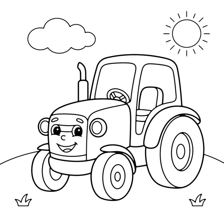 Na obrazku znajduje się uśmiechnięty, przyjazny traktor z kabiną, stojący na łące pod chmurką i słońcem.