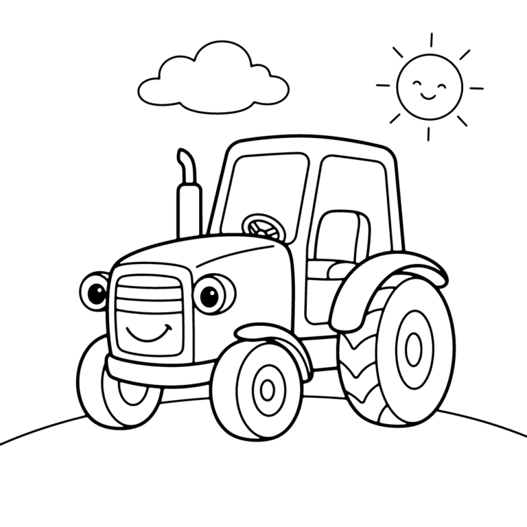 Na obrazku znajduje się sympatyczny, uśmiechnięty traktor stojący na wzgórzu pod uśmiechniętym słoneczkiem i puszystą chmurką.