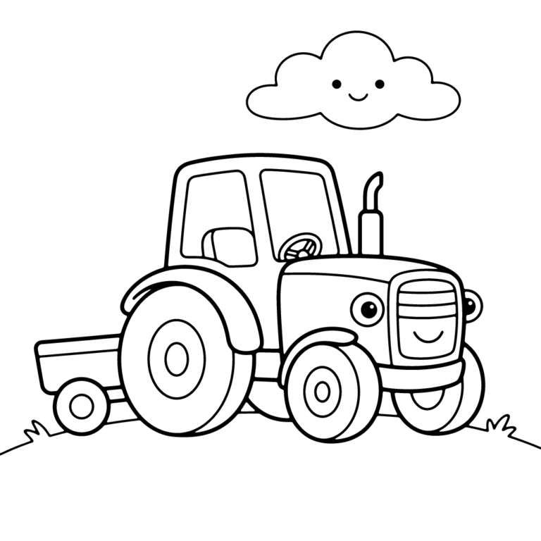 Na obrazku znajduje się uśmiechnięty traktor z małą przyczepą, jadący po zielonej trawie pod radosną chmurką.