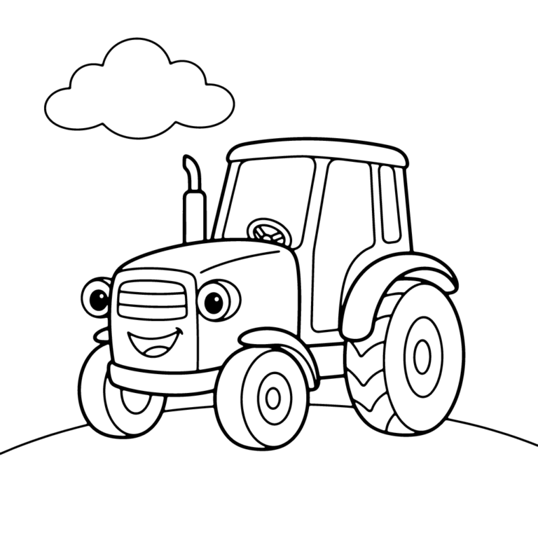 Na obrazku znajduje się duży, przyjazny traktor z uśmiechniętą buzią, stojący na prostym pagórku pod jedną puszystą chmurką.