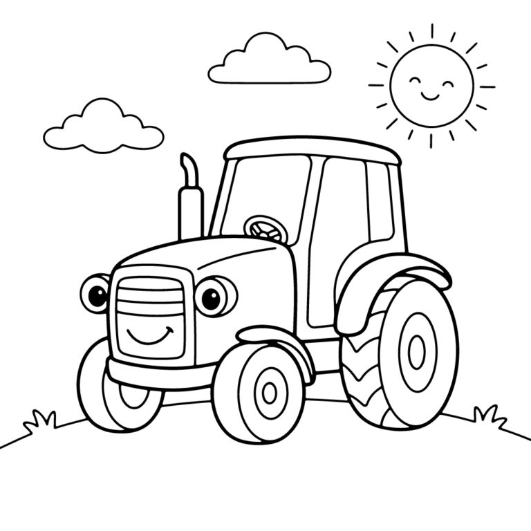 Na obrazku znajduje się duży, przyjazny traktor z uśmiechniętą buzią, stojący na pagórku pod uśmiechniętym słoneczkiem i dwiema puszystymi chmurkami.