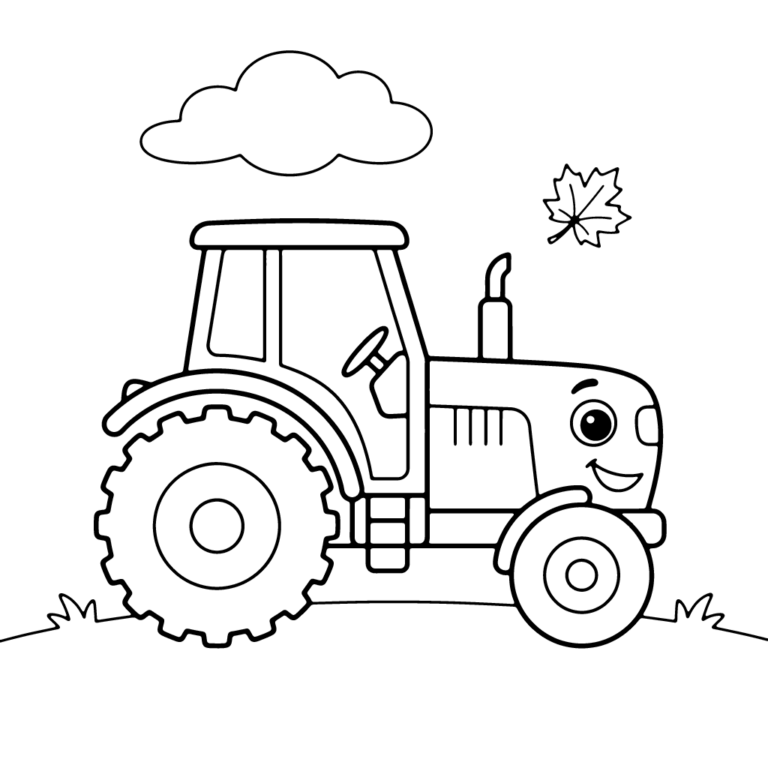 Na obrazku znajduje się duży, przyjazny traktor w profilu, stojący na łące pod puszystą chmurką i opadającym klonowym liściem.