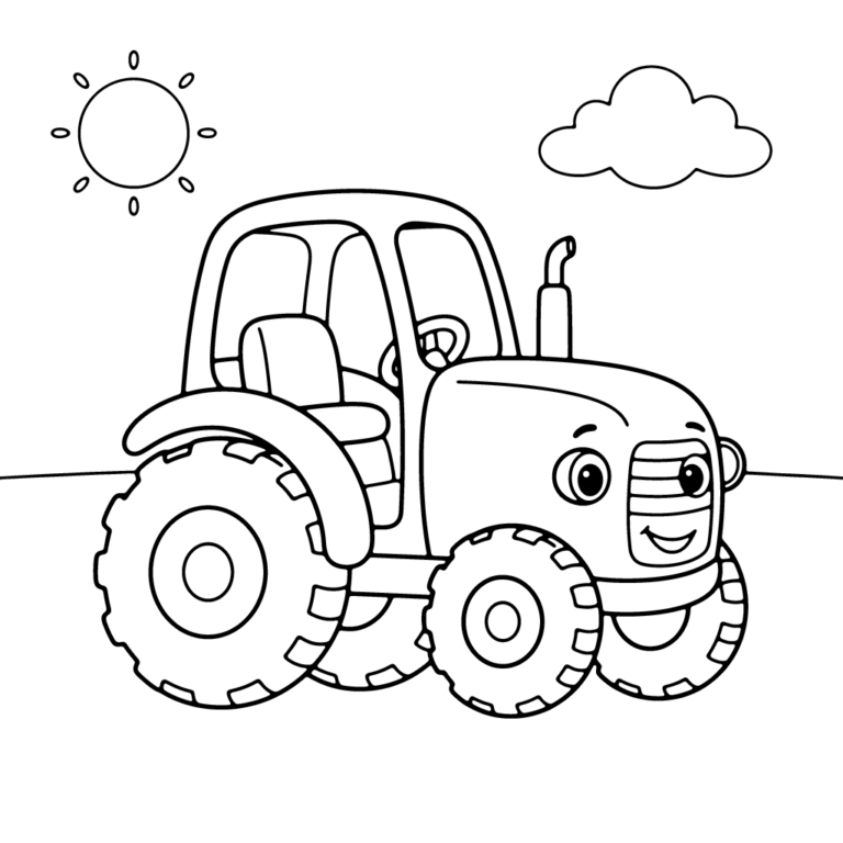 Na obrazku znajduje się uśmiechnięty traktor z wielkimi kołami, który stoi na zielonym polu pod słońcem i chmurką.