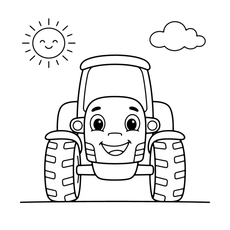 Na obrazku znajduje się sympatyczny traktor skierowany przodem do widza, otoczony uśmiechniętym słoneczkiem oraz chmurką na prostym tle.
