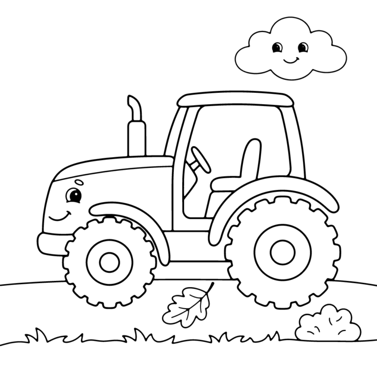 Na obrazku znajduje się uśmiechnięty traktor rolniczy z wielkimi kołami, który jedzie przez łąkę, a na niebie wesoło unosi się chmurka.