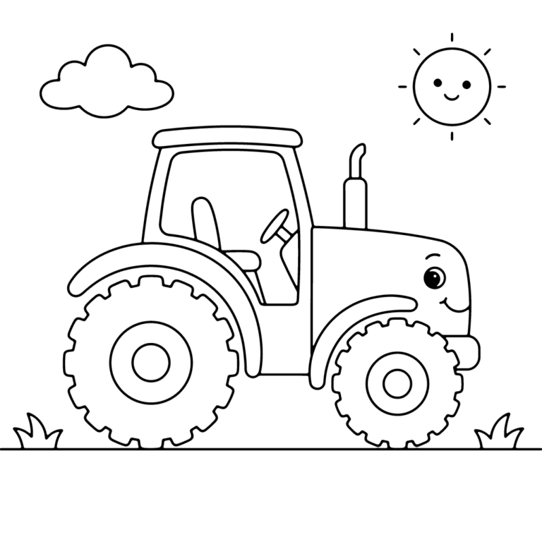 Na obrazku znajduje się duży, uśmiechnięty traktor rolniczy z wielkimi kołami, który stoi na prostym polu pod chmurką i wesołym słońcem.