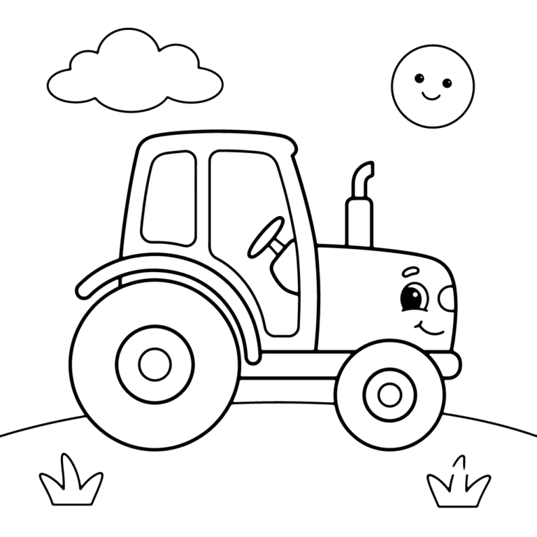 Na obrazku znajduje się uśmiechnięty traktor pokazany z profilu, jadący po zielonym wzgórzu pod słońcem i chmurką.