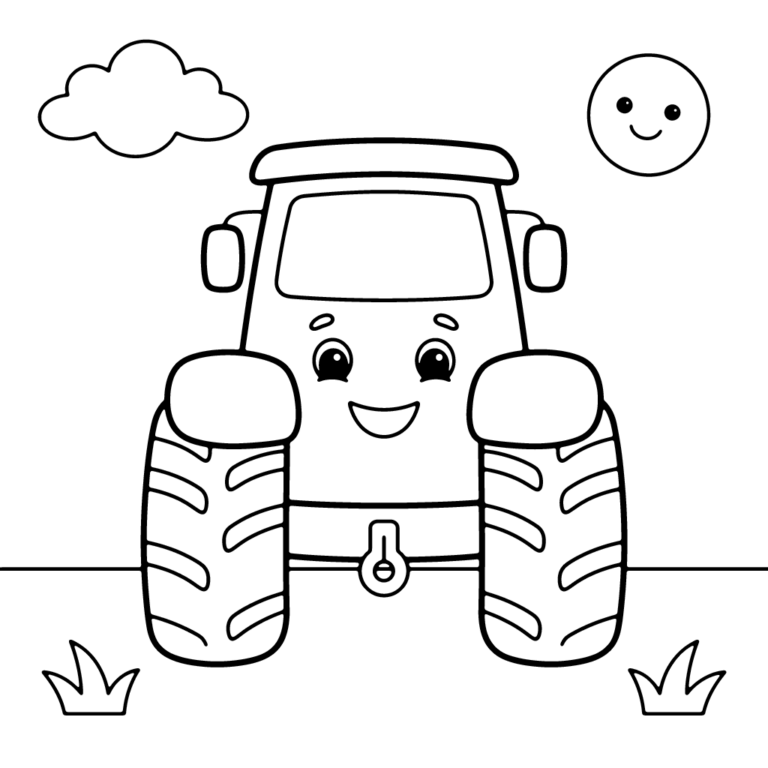 Na obrazku znajduje się uśmiechnięty traktor widziany od tyłu, stojący na trawie pod słońcem i chmurką.