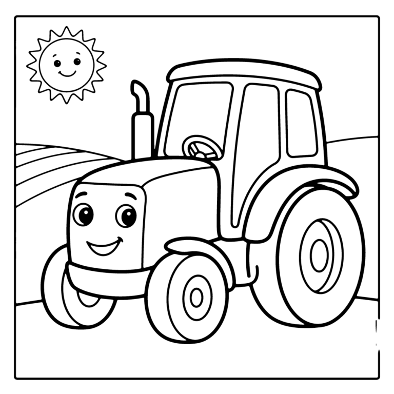 Na obrazku znajduje się przyjazny, uśmiechnięty traktor z wielkimi kołami, który stoi na tle pól i radosnego słoneczka.