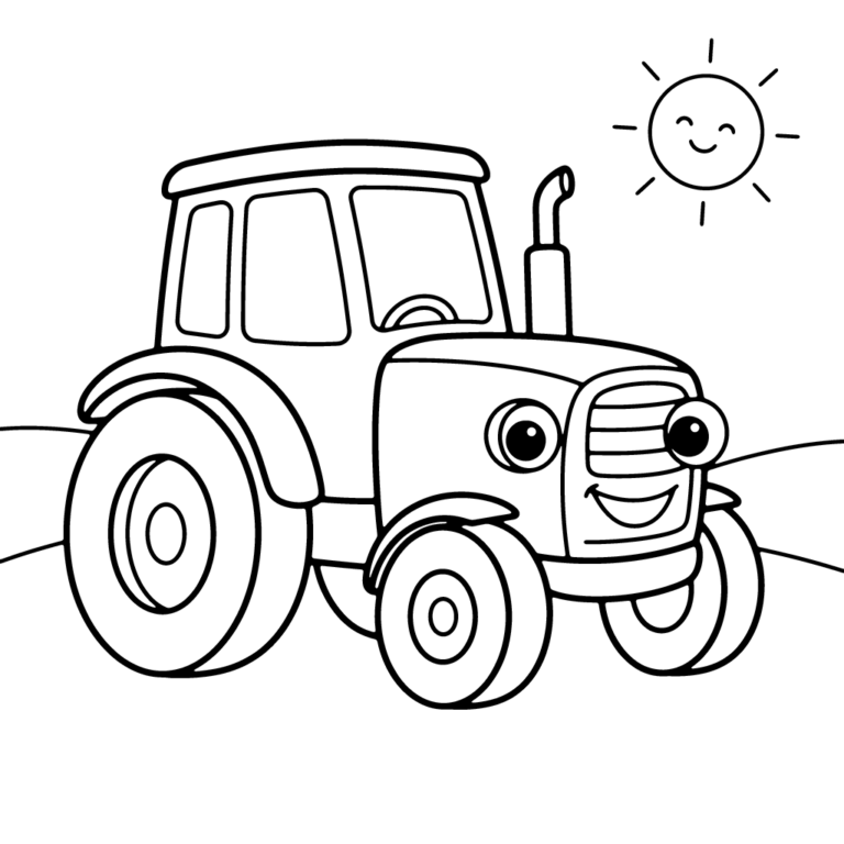 Na obrazku znajduje się uśmiechnięty, przyjazny traktor z wielkimi kołami, który wesoło jedzie przez łąkę.