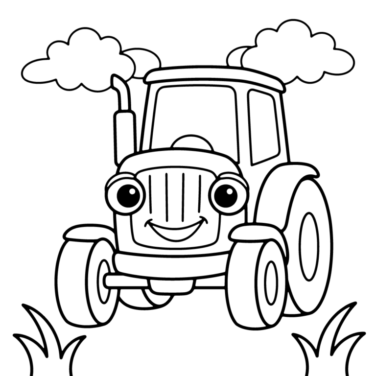 Na obrazku znajduje się duży, przyjazny traktor z wesołą buzią na przedniej osłonie, który stoi na trawie pod dwiema chmurkami.