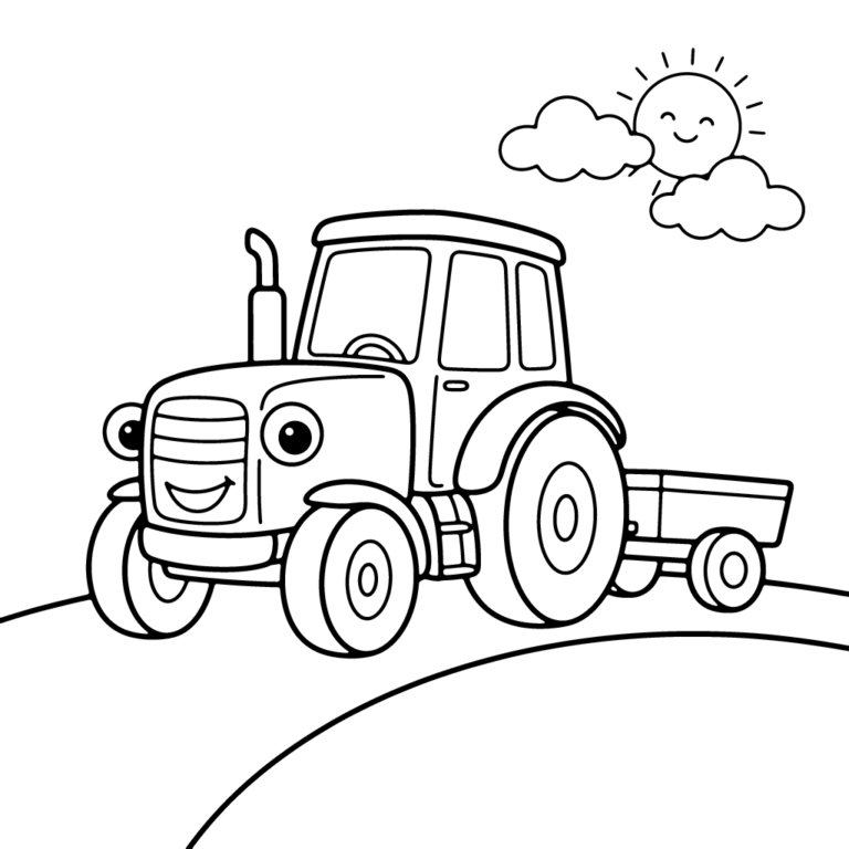 Na obrazku znajduje się uśmiechnięty traktor, który ciągnie małą, pustą przyczepkę i jedzie przez pole pod radosnym słoneczkiem.