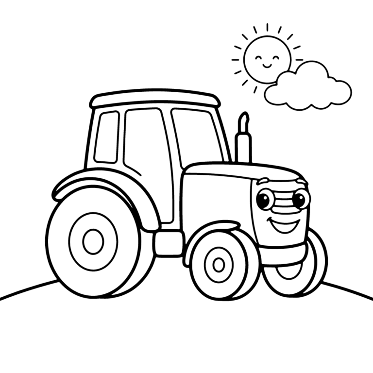 Na obrazku znajduje się przyjazny, uśmiechnięty traktor, który stoi na szczycie zielonego wzgórza pod radosnym słoneczkiem i chmurką.