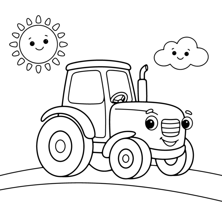 Na obrazku znajduje się uśmiechnięty traktor na drodze, z uśmiechniętym słoneczkiem po lewej stronie oraz roześmianą chmurką na niebie.