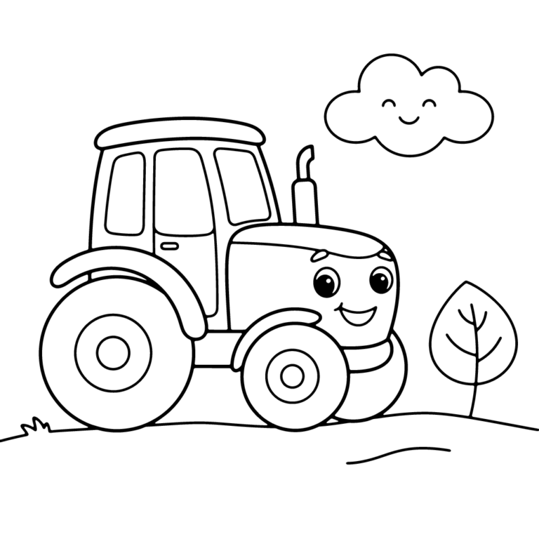 Na obrazku znajduje się duży, uśmiechnięty traktor na pagórku, obok którego rośnie małe drzewko, a na niebie unosi się roześmiana chmurka.