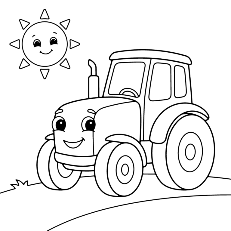 Na obrazku znajduje się duży, roześmiany traktor na ścieżce, obok którego na niebie świeci uśmiechnięte słoneczko z promieniami.