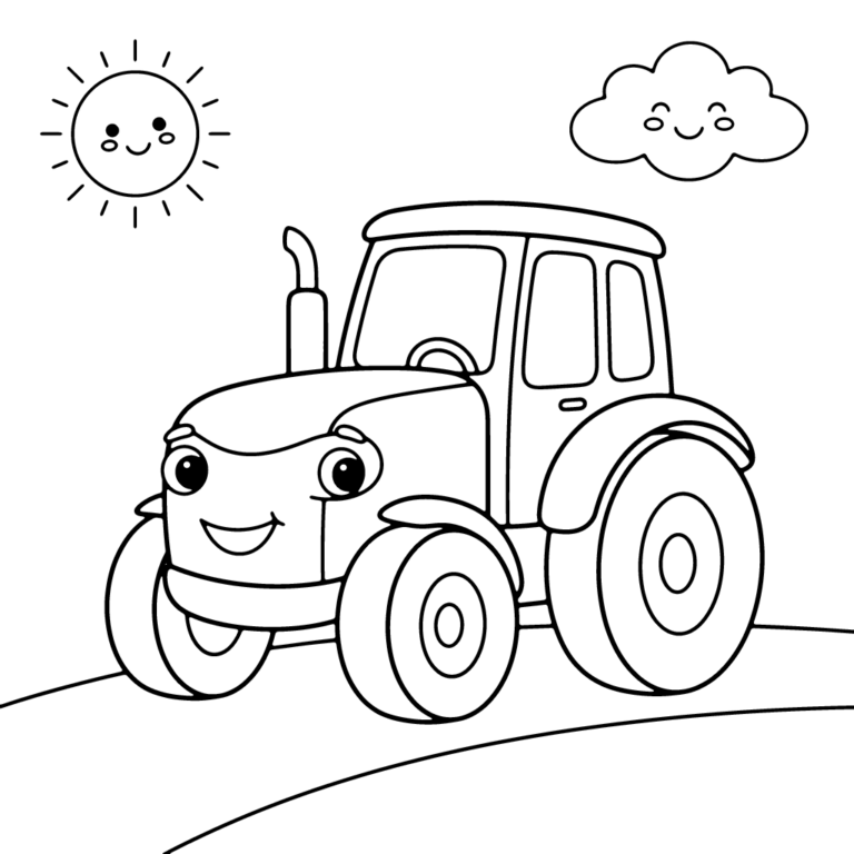 Na obrazku znajduje się duży, uśmiechnięty traktor na zielonej łące, nad którym wesoło świeci słoneczko i unosi się roześmiana chmurka.