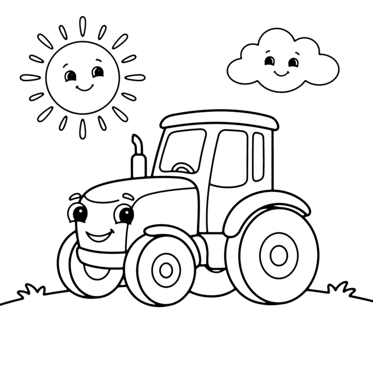 Na obrazku znajduje się duży, uśmiechnięty traktor na zielonej łące, z roześmianym słoneczkiem i wesołą chmurką na niebie.