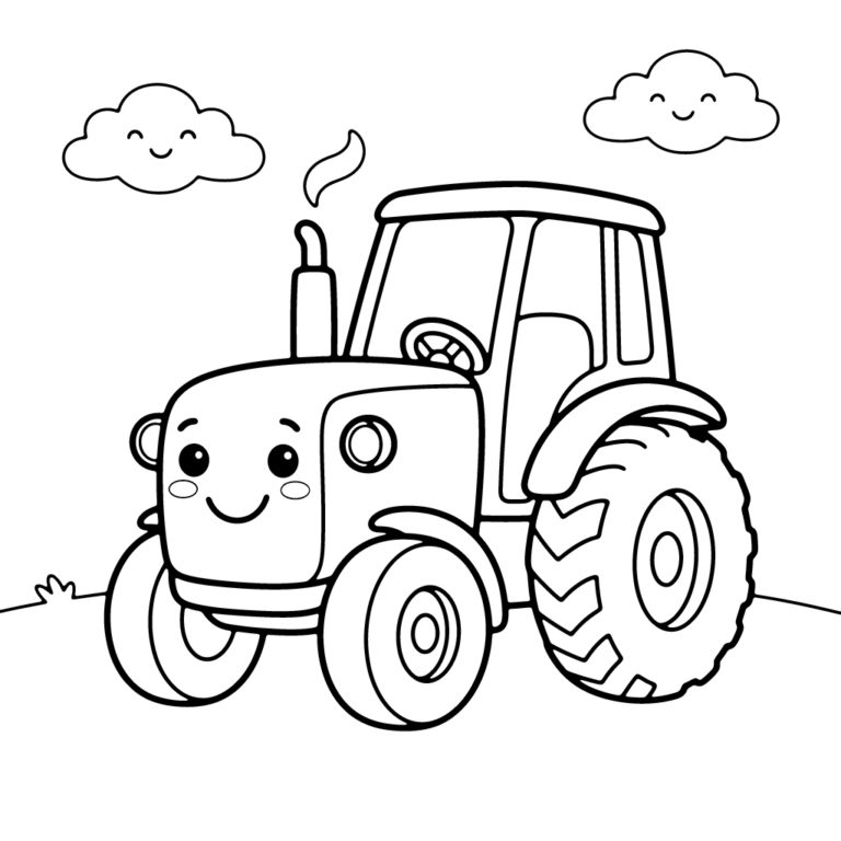 Na obrazku znajduje się sympatyczny traktor z wielkimi kołami, który stoi na trawie pod dwoma uśmiechniętymi chmurkami.