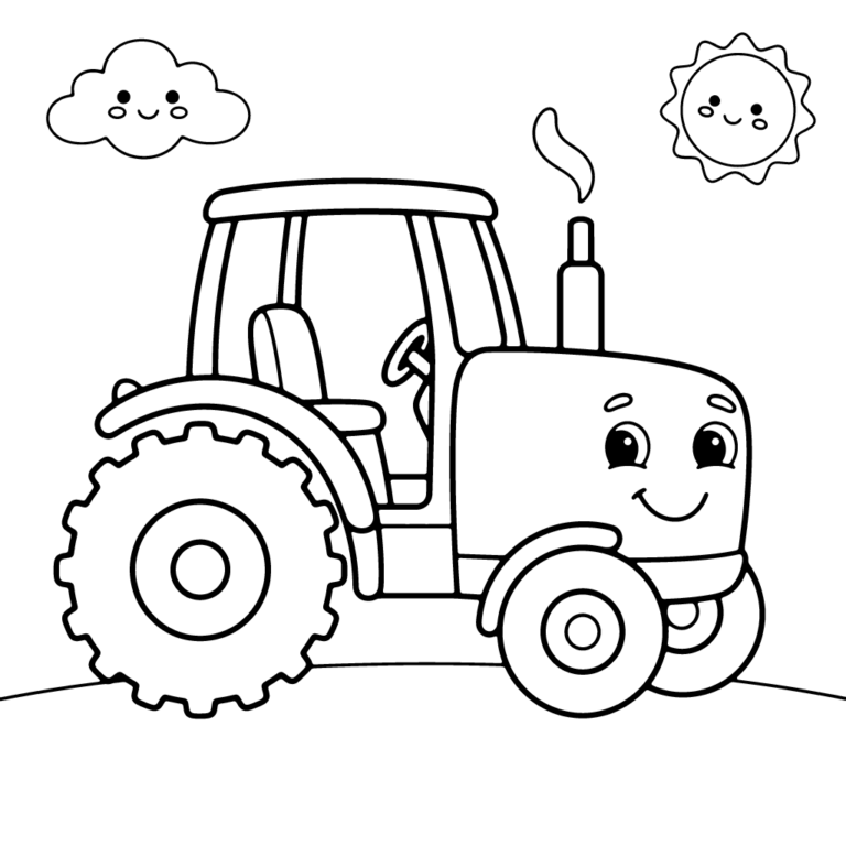 Na obrazku znajduje się uśmiechnięty traktor z dużymi kołami, który stoi na zielonej trawie pod uśmiechniętym słoneczkiem i chmurką.