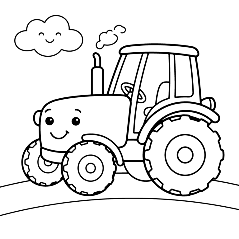 Na obrazku znajduje się uśmiechnięty traktor z dymkiem z komina, który jedzie po zakrzywionej polnej drodze pod wesołą chmurką.