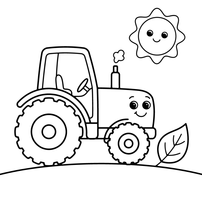Na obrazku znajduje się uśmiechnięty traktor z dużą twarzą, który jedzie po zielonym wzgórzu w stronę dużego liścia, a na niebie świeci radosne słoneczko.
