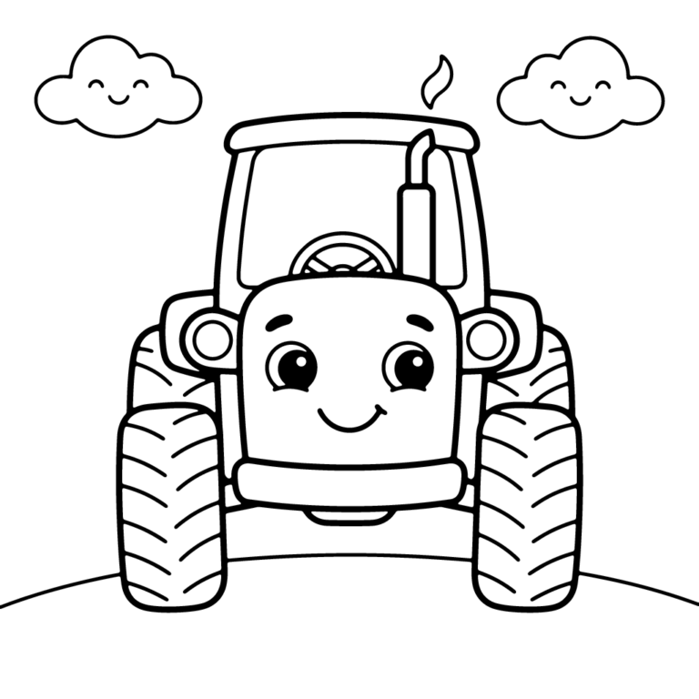Na obrazku znajduje się duży, przyjazny traktor z szerokim uśmiechem i wielkimi oczami, który stoi na trawie pod dwiema wesołymi chmurkami.