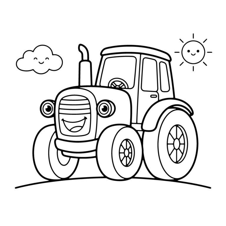 Na obrazku znajduje się uśmiechnięty traktor z wielkimi kołami, radosnym słoneczkiem oraz chmurką na tle pagórka.