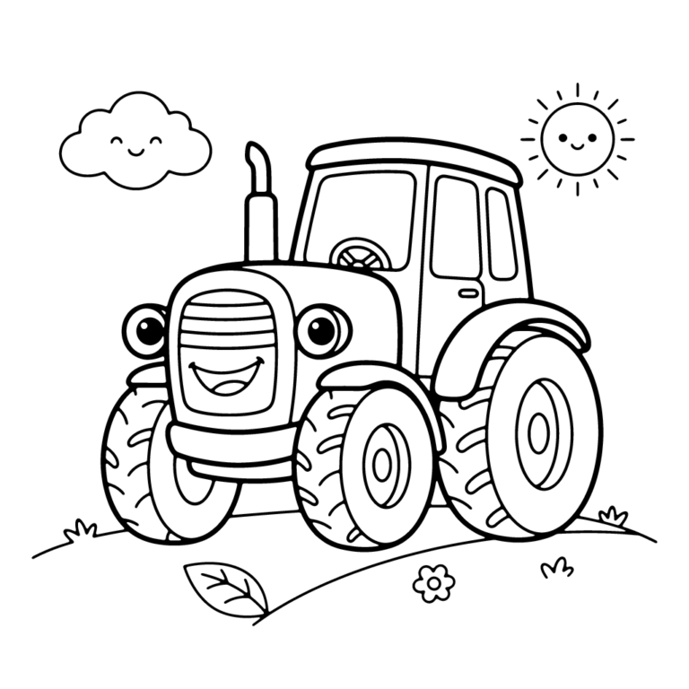 Na obrazku znajduje się uśmiechnięty traktor na trawie z kwiatkiem i listkiem, nad którym świeci radosne słoneczko i unosi się uśmiechnięta chmurka.