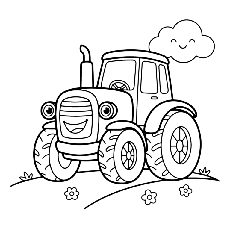 Na obrazku znajduje się uśmiechnięty traktor z dużymi kołami, który stoi na pagórku usianym kwiatkami, a nad nim unosi się chmurka z radosną buźką.