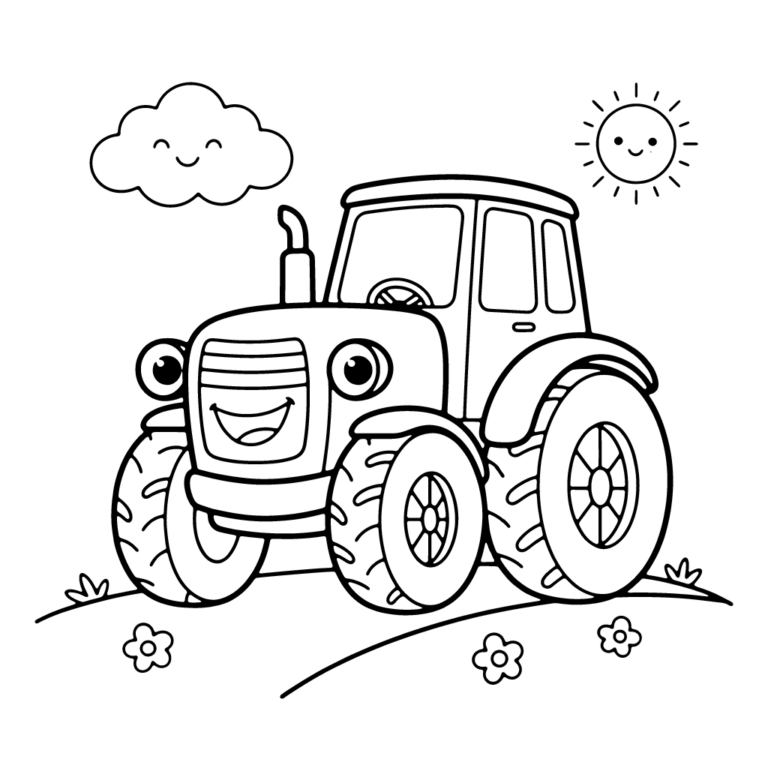 Na obrazku znajduje się uśmiechnięty traktor z dużymi kołami, który stoi na trawie obok trzech kwiatków, a na niebie widać wesołą chmurkę i słoneczko.