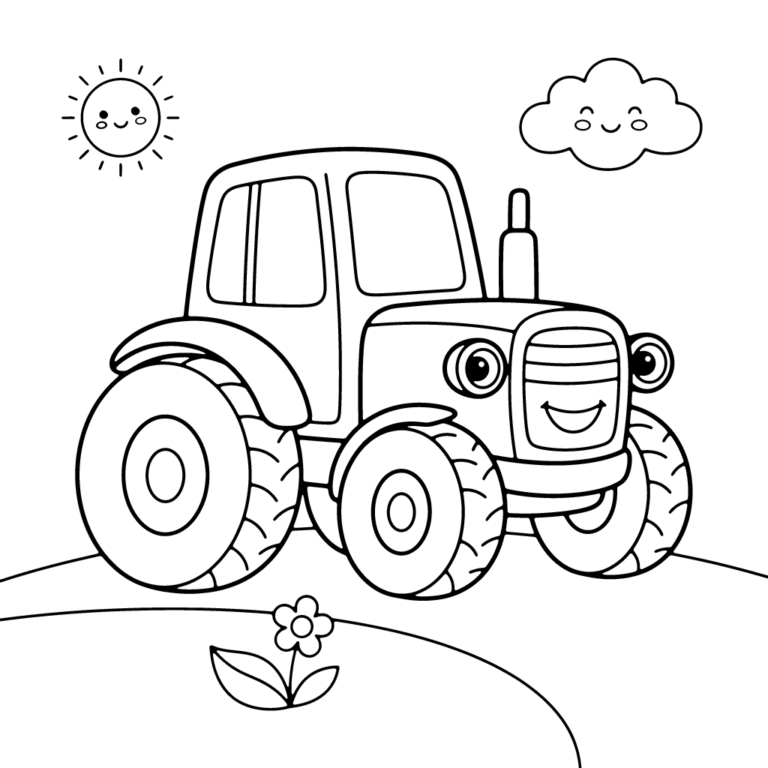 Na obrazku znajduje się uśmiechnięty traktor z dużymi kołami, który stoi na polnej drodze obok pojedynczego kwiatka i liścia, pod radosnym słoneczkiem i chmurką.
