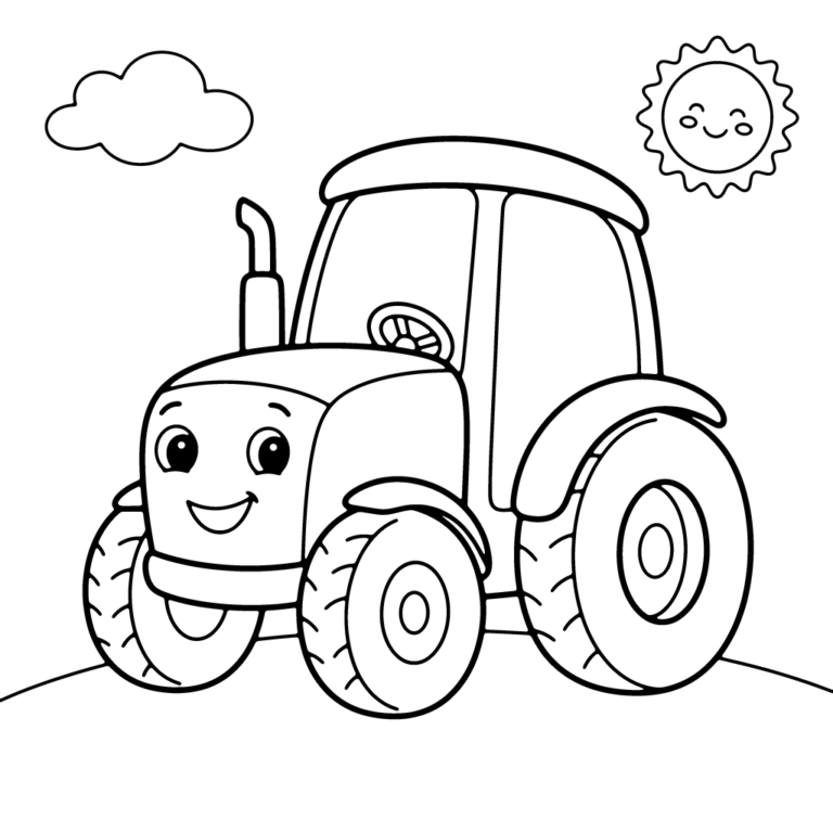 Na obrazku znajduje się uśmiechnięty traktor z wielkimi kołami, stojący na tle zielonego pagórka, puszystej chmurki i radosnego słoneczka.