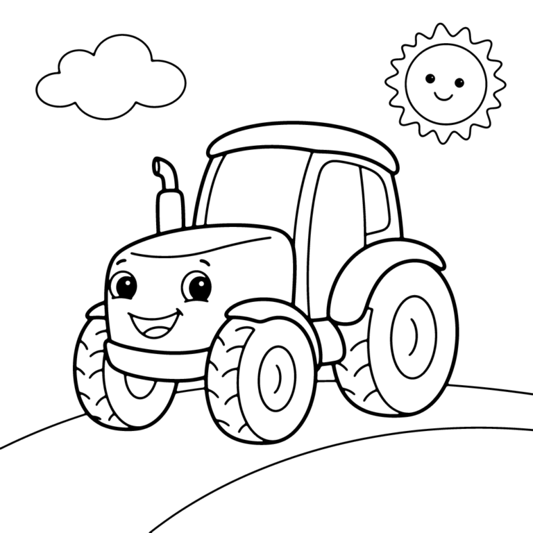 Na obrazku znajduje się duży, uśmiechnięty traktor z wielkimi kołami, jadący po łagodnym zielonym pagórku pod pogodnym niebem, na którym widać chmurkę i radosne słoneczko.